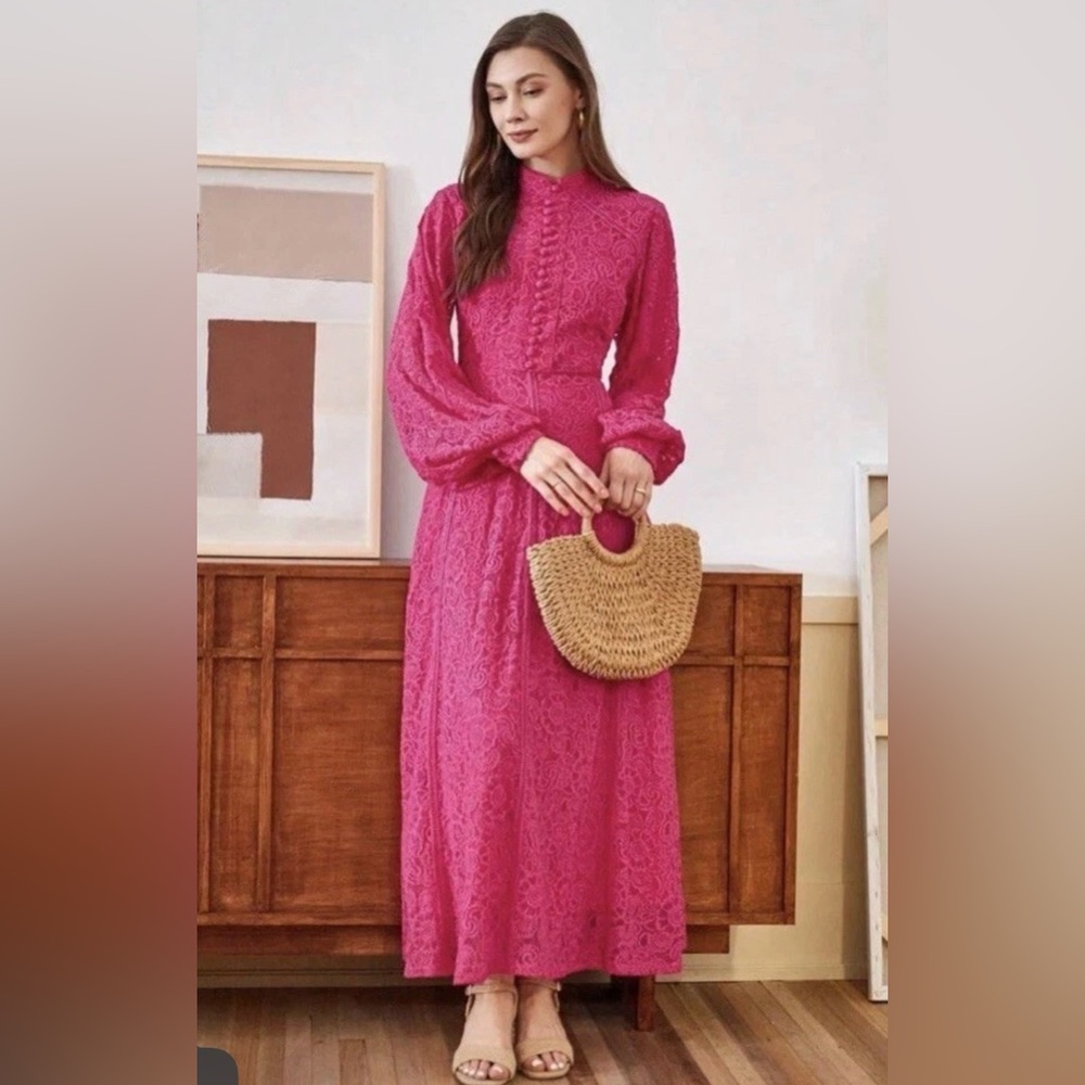Anewsta Ladies' Long Sleeve Lace Hot  Pink Dress Maxi Women Outfit Size S